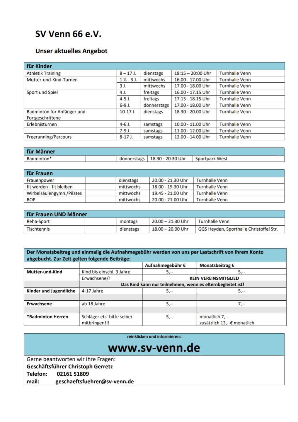 Uebungsangebot SV Venn 23.02.2026